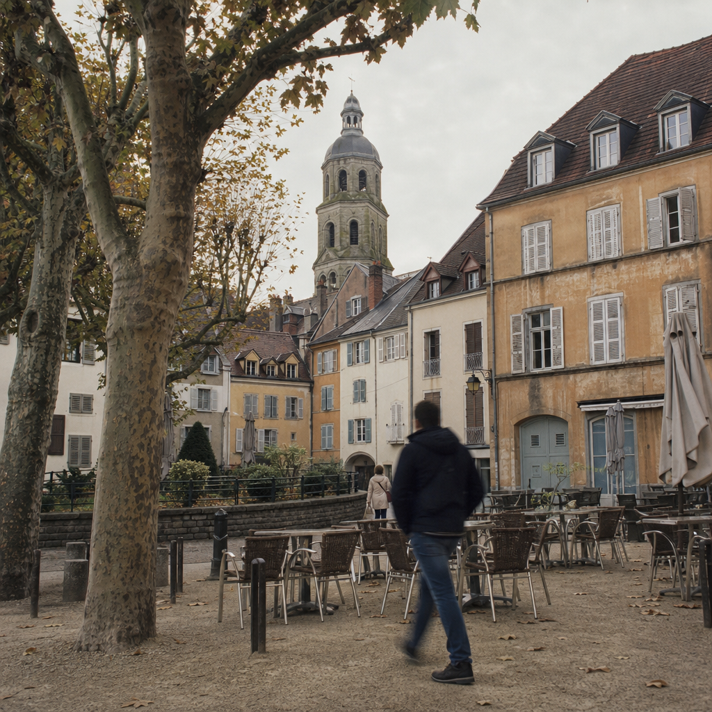 A calm square in Belfort old town, the cathedral bell tower behind