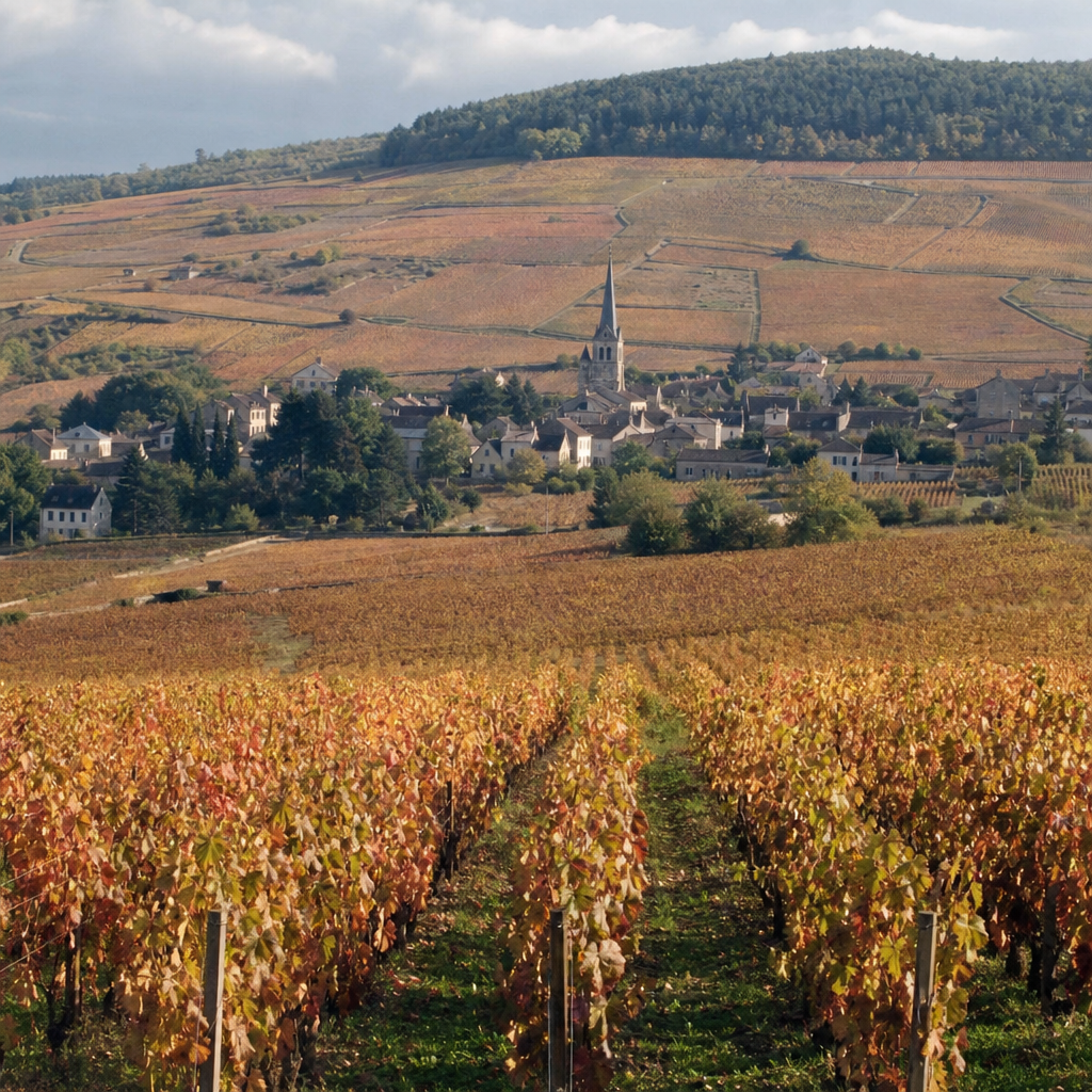 Rows of pinot noir vines turning autumn gold on the Côte de Nuits
