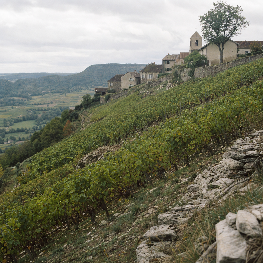 Steep vineyard slopes above a stone village in the Jura